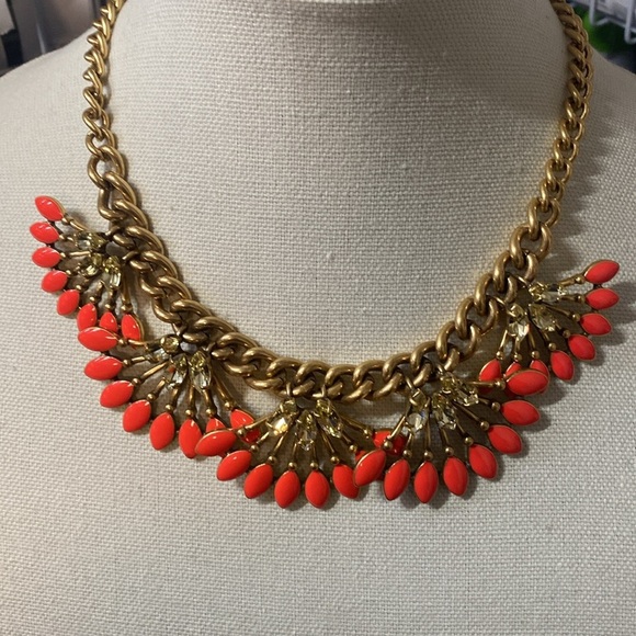 Stella & Dot |Coral Cay Chain Necklace Statement Orange Enamel Rhinestone - Picture 4 of 7